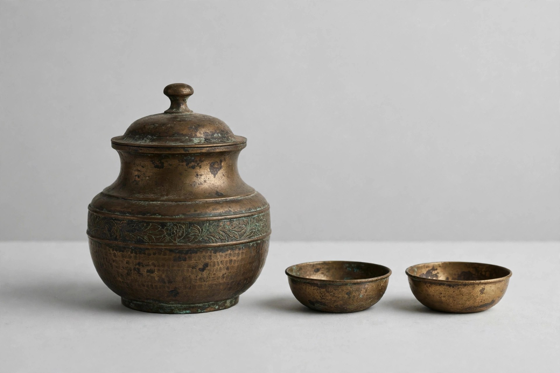 Same metal vessel looking dull, tarnished and oxidised